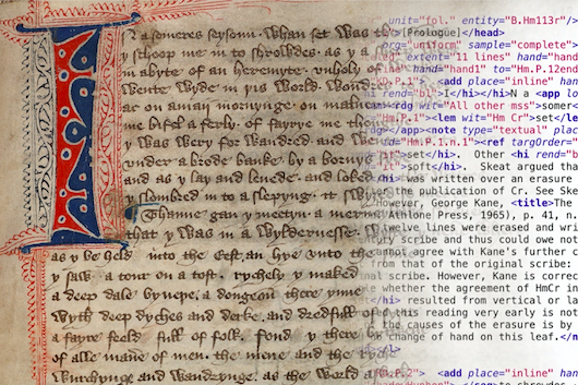 manuscript with decorative capital letter on the left, bleeding into XML-tagged typed text on the right